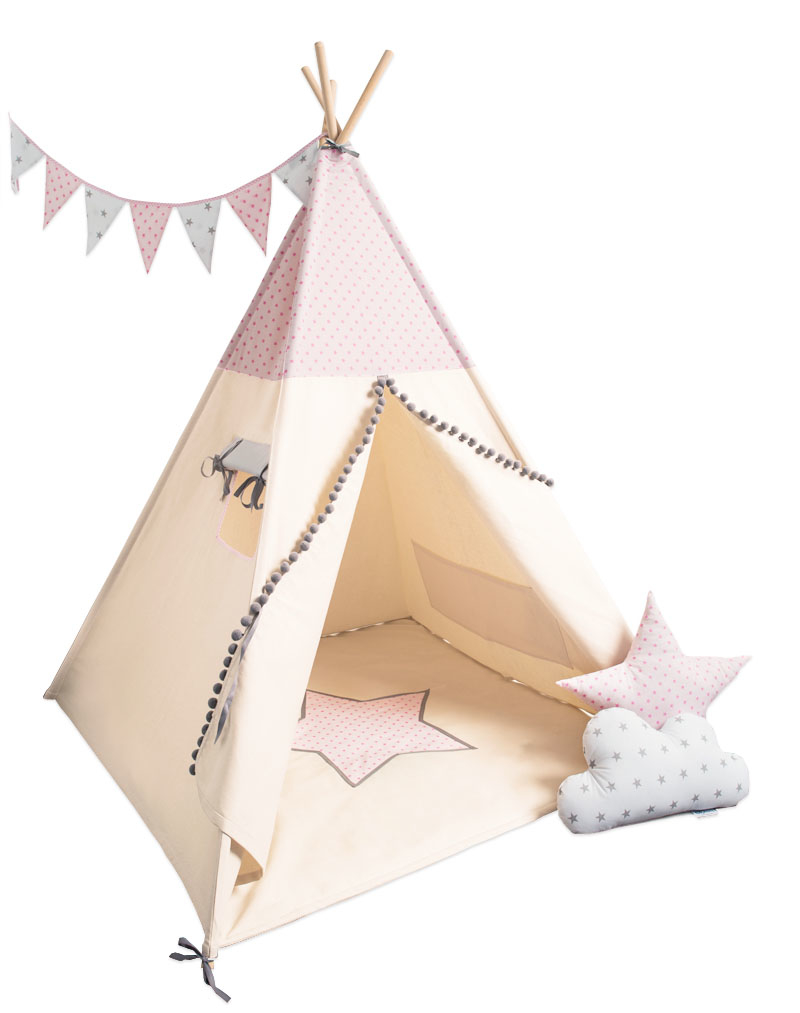 Natural Pink Teepee Tent with Floor Mat and Pillows
